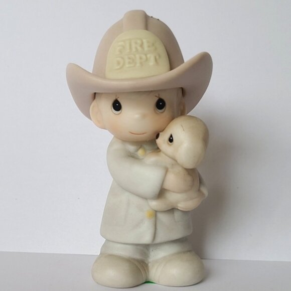 Vintage 80s Precious Moments Firefighter Puppy Collectible Porcelain Figurine - Picture 1 of 11